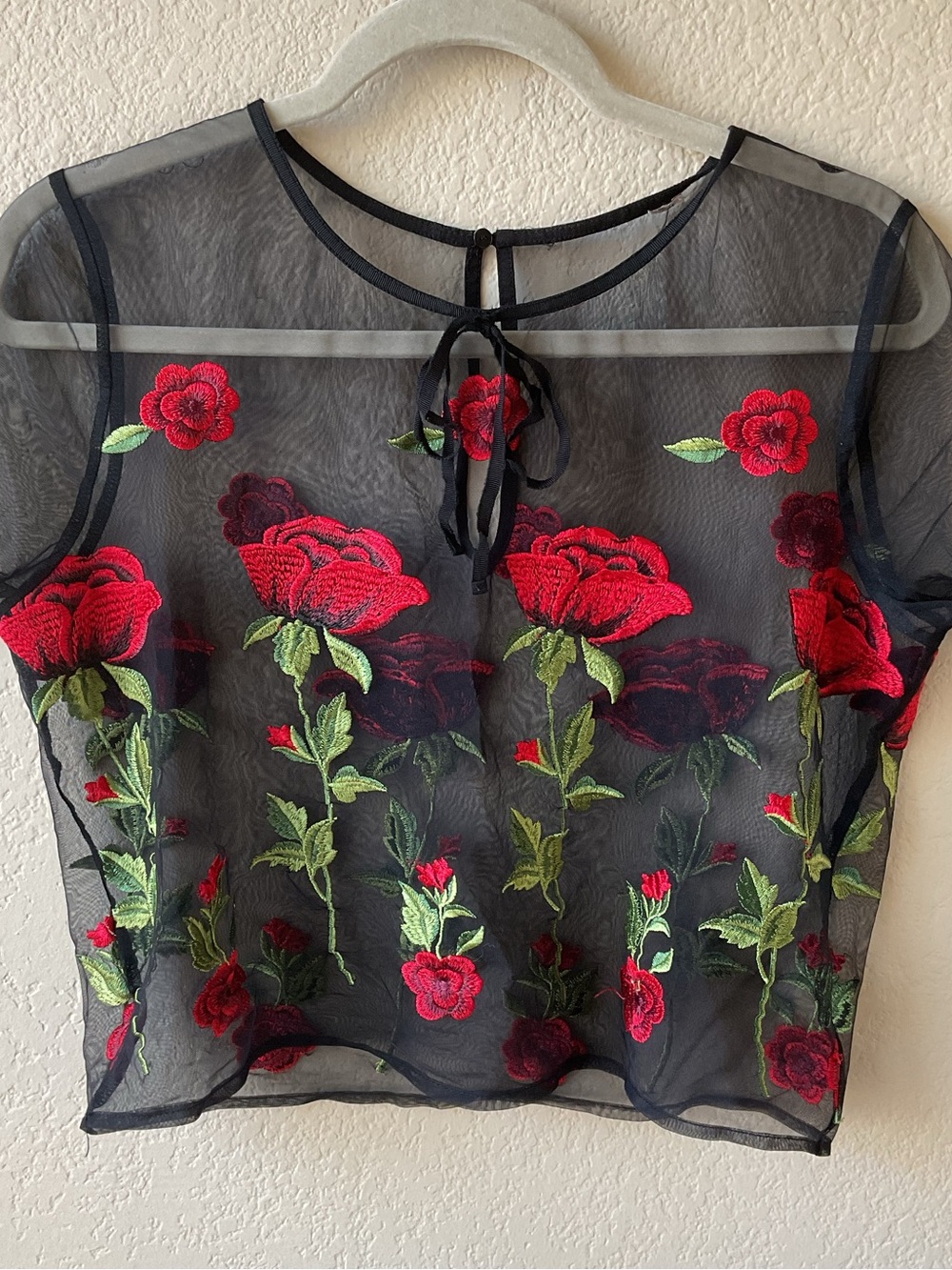 Vintage Forever 21 Black Sheer Mesh Red Rose Embroidered Crop Top Large Goth